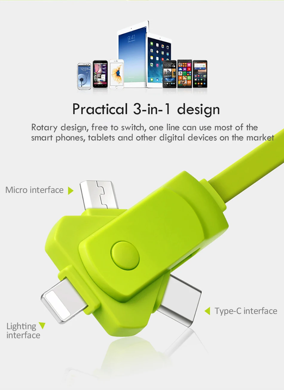 TPE 3 in 1 Micro USB Charger Cable Type C Lighting Charge Cables For iPhone X 7 8 Plus For Xiaomi Samsung Charging Cord 1M (2)