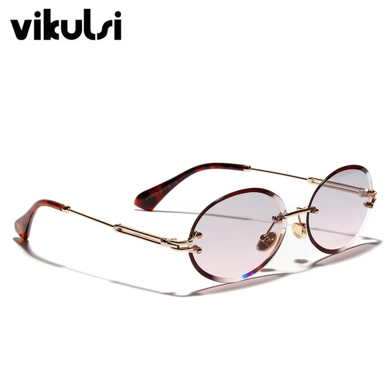 Роскошные винтажные тонированные Овальные Солнцезащитные очки без оправы, женские круглые очки, градиентные солнцезащитные очки с кристаллами, мужские солнцезащитные очки UV400 - Цвет линз: D665 C2 grey pink