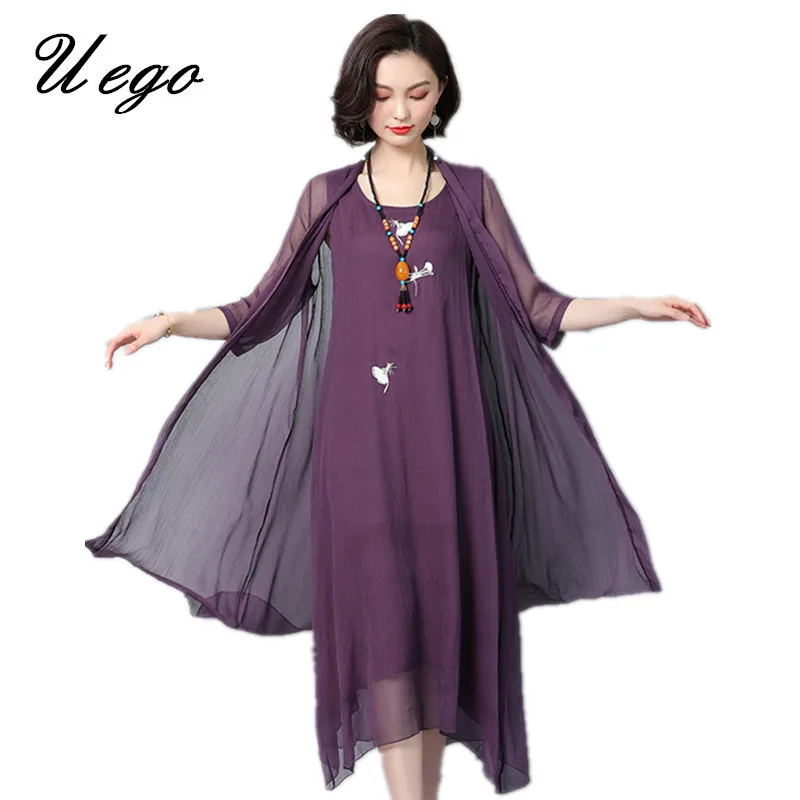 Uego, модный тонкий светильник, комплект из двух частей, летнее платье, костюмы с вышитыми цветами, льняное, размера плюс, свободное женское повседневное длинное платье
