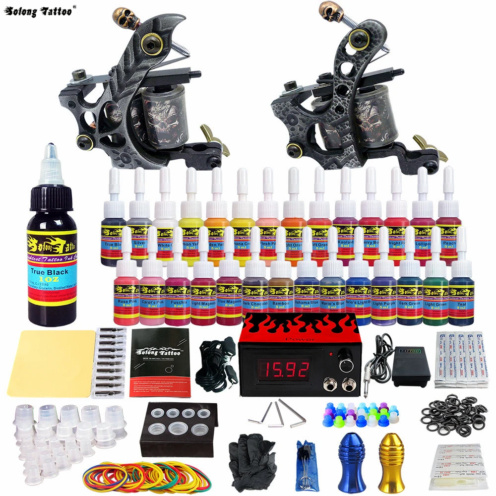 

Solong Tattoo Complete Kits Pro 2 Handmade Coil Tattoo Machine Guns Power Supply Foot Pedal Needle Grips Tip Ink Set TKB02-CN