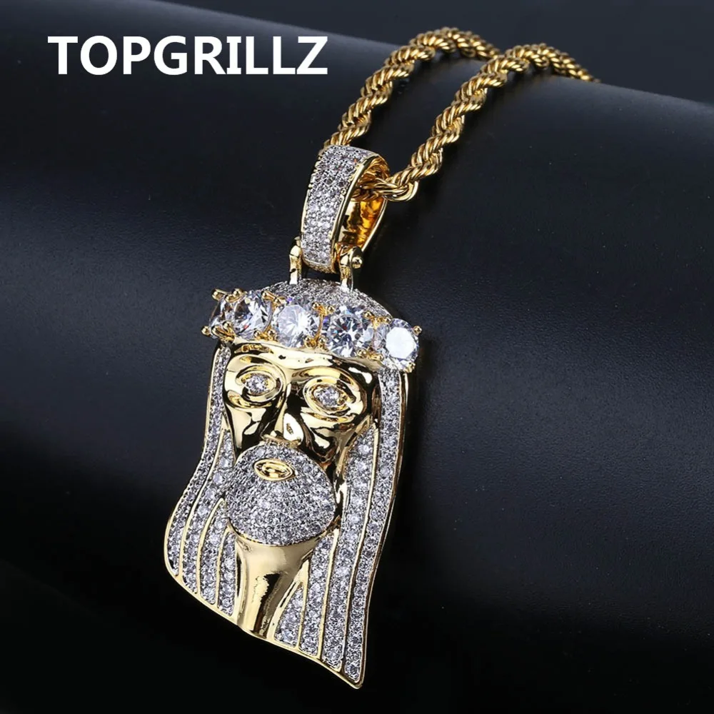 TOPGRILLZ Hip Hop New Fashion Gold Color Plated Iced Out Big CZ Stone Masked Jesus Face Pendant Necklace Crystal With Three Type | Украшения