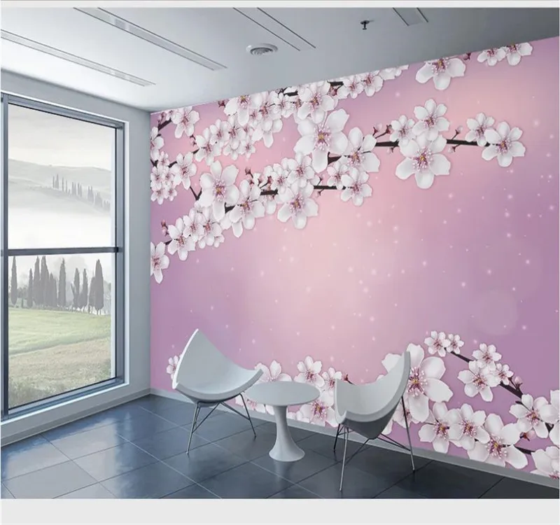 Custom wallpaper creative hand-painted romantic cherry blossom wall decoration waterproof material Custom wallpaper creative hand-painted romantic cherry blossom wall decoration waterproof material