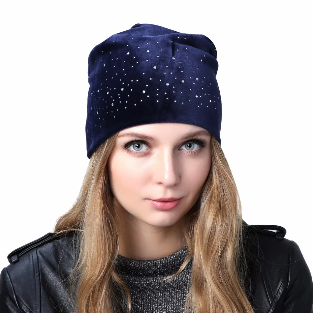 Geebro Women's Velour Rhinestones Beanies Hat Spring Polyester Slouchy Beanie for Women Plain Color Skullies Bonnet Cap 2