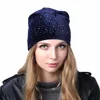 Geebro Women's Velour Rhinestones Beanies Hat Spring Polyester Slouchy Beanie for Women Plain Color Skullies Bonnet Cap 2