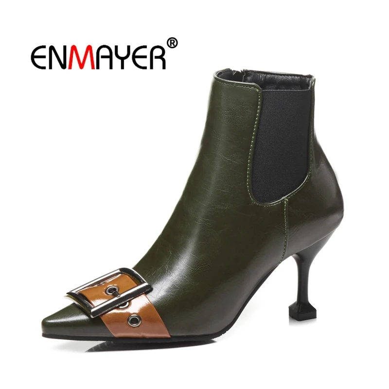 

ENMAYER Woman Ankle boots Winter Women Boots PU Fashion Boots Metal Thin heels Elastic band Pointed toe Zipper short boot CR1539