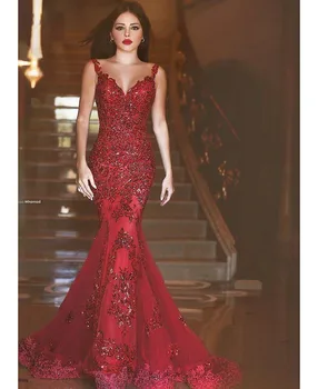 

Arabic Evening Dresses Red Lace Sequins Formal Dresses with Beading V Neck Floor Length Mermaid Evening Gowns