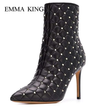 

EMMA KING Spring Autumn Fashion Botines Mujer Rivets Studded Pointed Toe High Heels Shoes Side Zipper Ankle Boots Woman Shoes