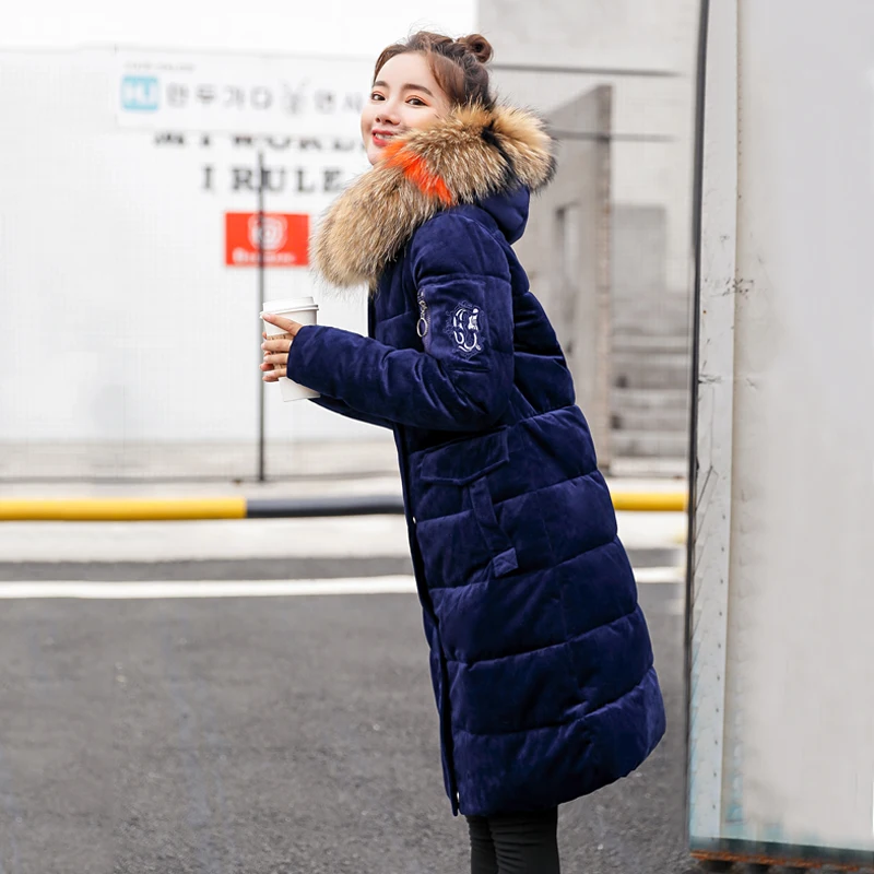 2018 nueva chaqueta de invierno gruesa a la moda para mujer con capucha de piel de terciopelo para mujer abrigo largo Parka LJ0748 - 5