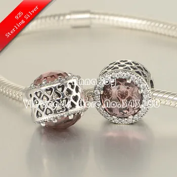 

NEW S925 Sterling Silver Abstract openwork Radiant Hearts with Blush Pink Charm Bead Fit European Jewelry Bracelets BE293
