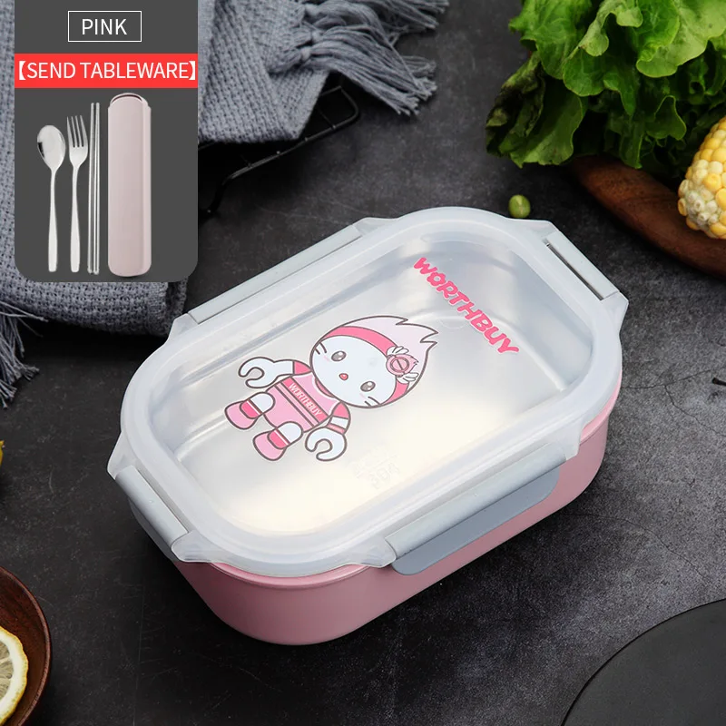 Pink With Tableware Bento ланч бокс мультфильм Bento коробка для детей школьный японский контейнер для завтрака герметичный 304 нержавеющая сталь пищевой контейнер для хранения - Цвет: Pink With Tableware