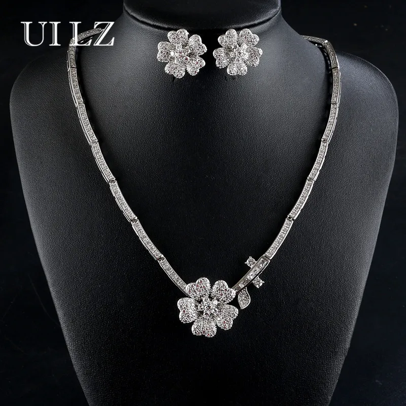 

UILZ Brand Elegant Micro Pave White CZ Zirconia Stone Flower Choker Necklace Earring Fashion Jewelry Sets For Women US459