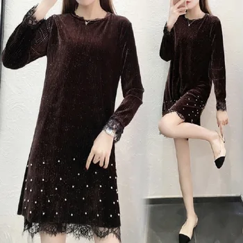 

New2018Spring Fashion ladies elegant dress lace patchwork gold velvet beaded dress Plus size casual vestidos tunic XL-XXXXXL XL