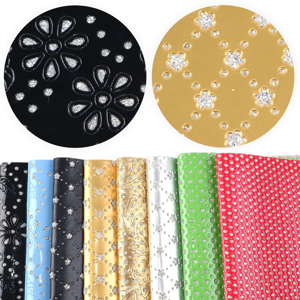 8pcs/set 20*34cm Hot Gold Dots Flower Pattern Printed Glitter Synthetic Leather Fabric For DIY Handbag Shoes,1Yc6339