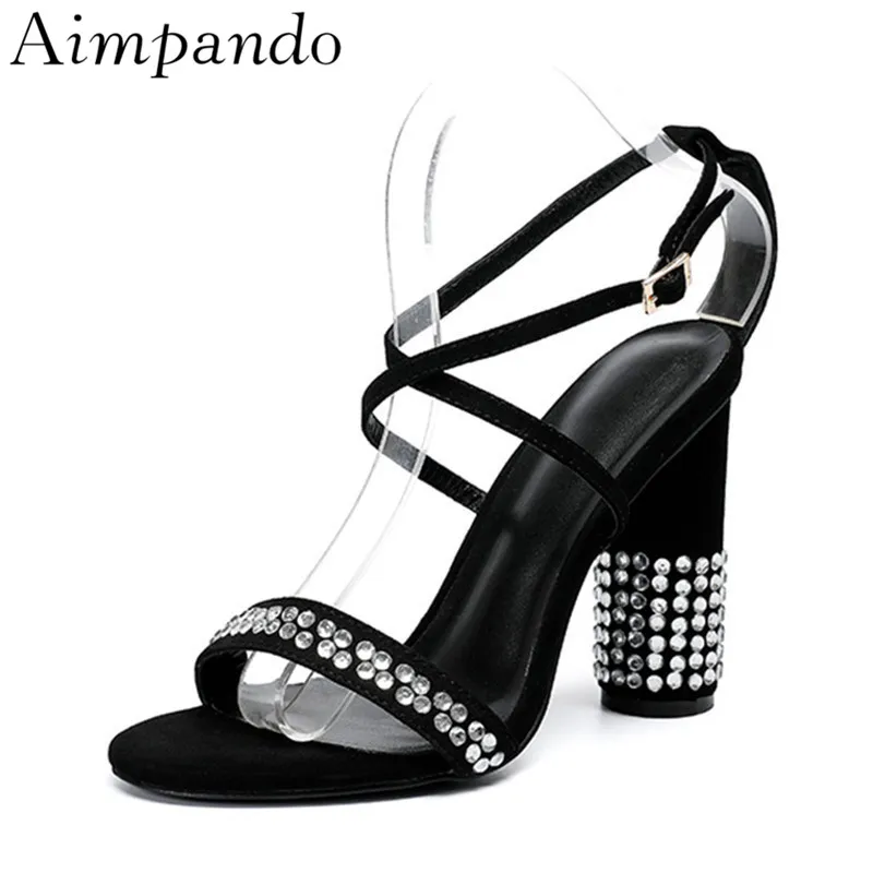 

Summer 2019 Jewelled Round Heel Sandals Women Cross Strappy One-strap Open Toe Black High Heels Rhinestone Sandalias