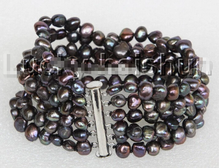 

Free shipping >>>>>>8" 8mm 6row Baroque black FW pearls bracelet magnet clasp j11115