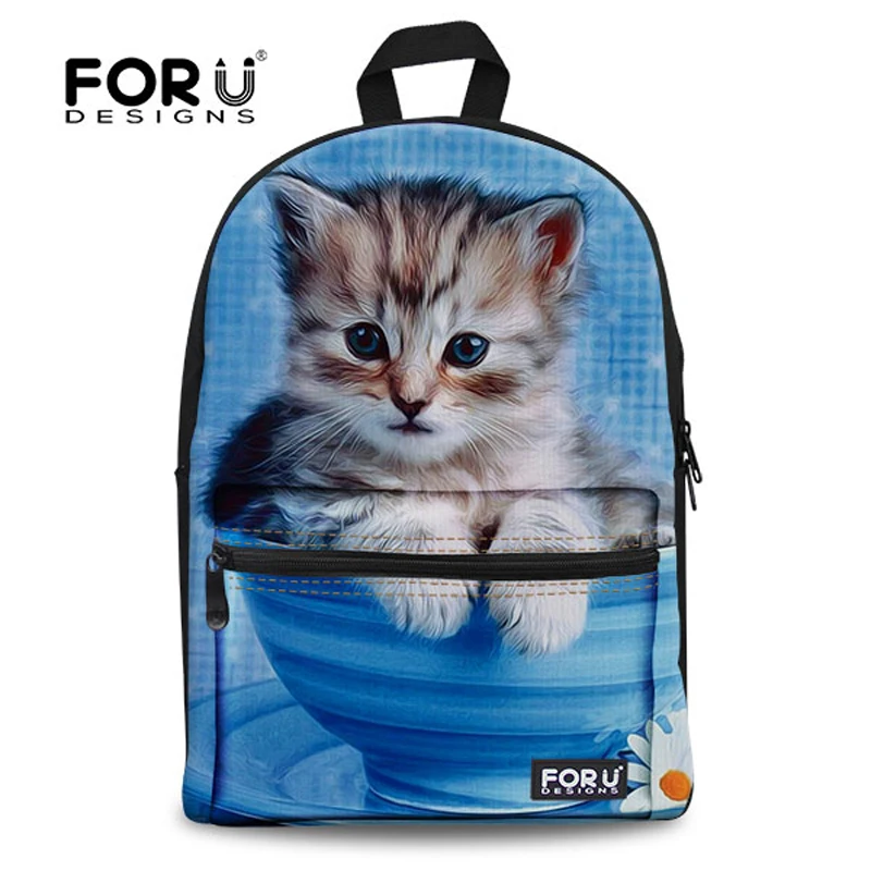 FORUDESIGNS Casual Shoulder Backpacks For Student Girls Blue 3D Cat