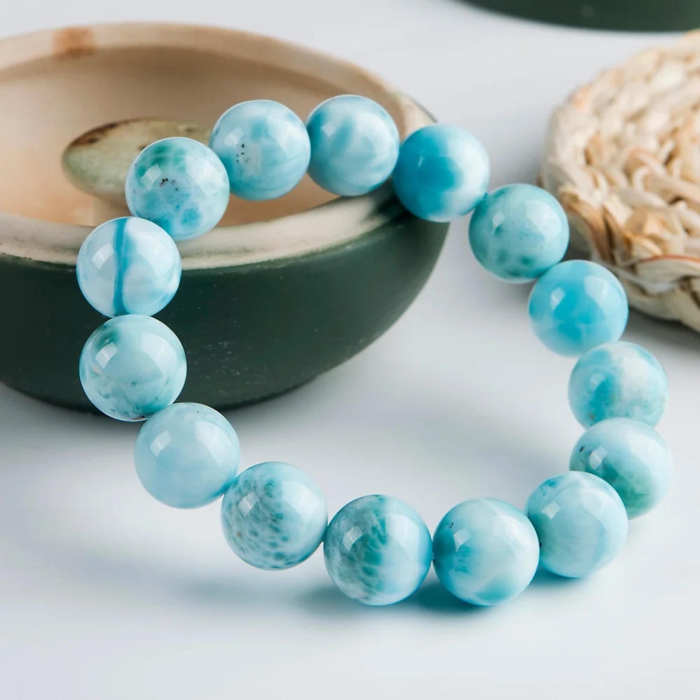 15mm Natural Blue Larimar Gemstone Round Beads Bracelet Wate Pattern Stretch From Dominica AAAAAA | Украшения и аксессуары