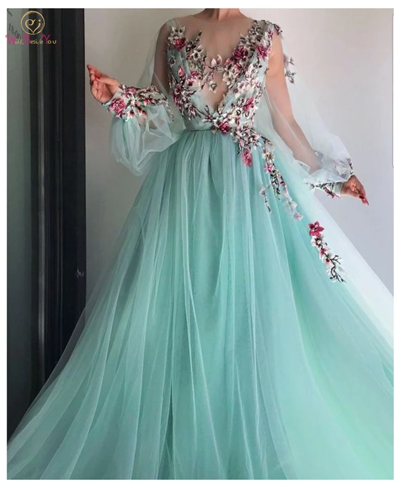 

Illusion Long Sleeve Evening Dresses 2019 New Sheer Scoop Neck Long Floor Length Robe De Soiree Formal Party Flowers Prom Gowns