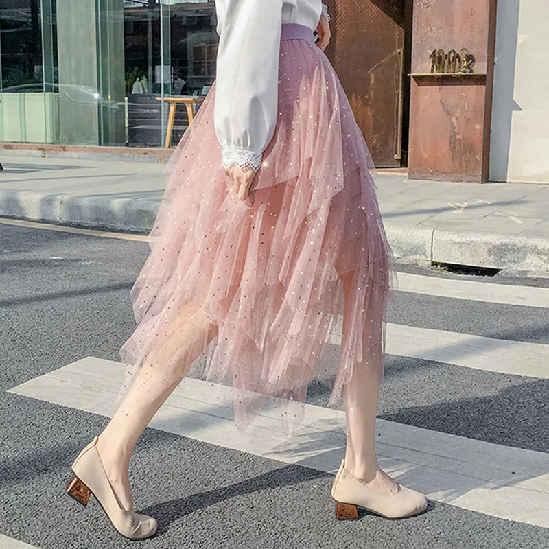 

OHRYIYIE Star Sequined Tulle Skirt Womens 2019 Spring Summer Fashion Skirt Female Elastic High Waist Princess Tutu Skirt Girls