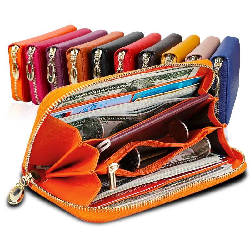 Women Leather Wallet Rfid Blocking Large Capacity Zipper Around Travel Wristlet Bags 