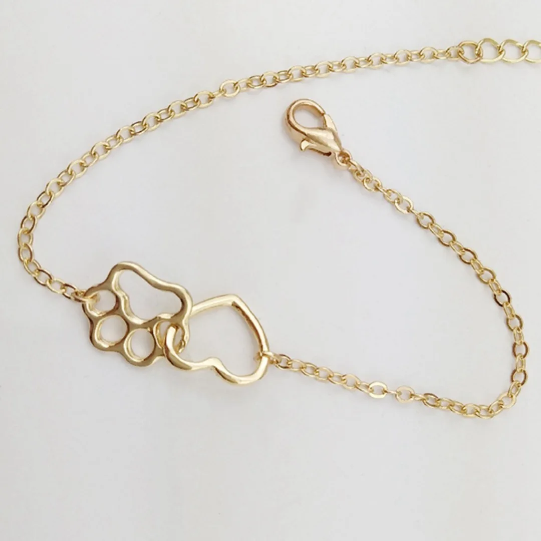 Cute Pat Cat Dog Footprint Silver/Gold Women Hand Chain Elegant Fashion Hollow Love Heart Pet Paw Bracelet Lovely Animal Jewelry