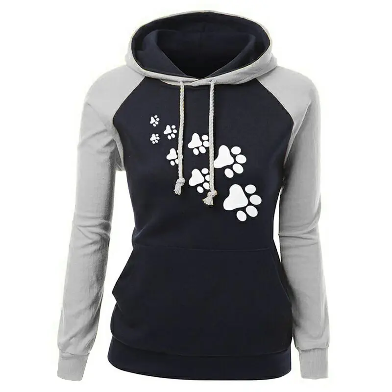 

ETOSELL Women Color Blocks Hooded Pulllovers Tops Autumn Slim Ladies Cartoon Footmark Print Outwear Tops Casual Coat Clothes H