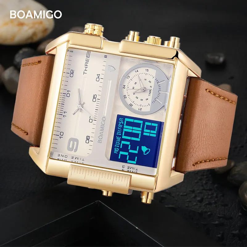 Baratos BOAMIGO marca de lujo superior Me relojes deportivos Hombre militar cronógrafo reloj digital cuero cuarzo relojes de pulsera reloj Masculino