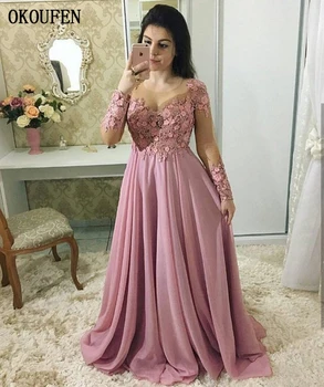 

2019 Prom Dresses Dusty Rose Illusion Long Sleeves Chiffon Saudi Arabic 3D Flowers Wedding Party Gowns vestidos de fiesta largos