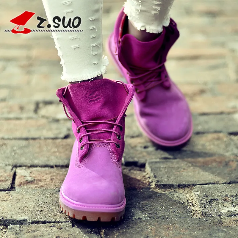 

Z.Suo Brand Women Winter Pink Boots Rubber Women's Boots New Fashion Girls Shoes Woman Genuine Leather Lace Up Flat Boots Q1206B