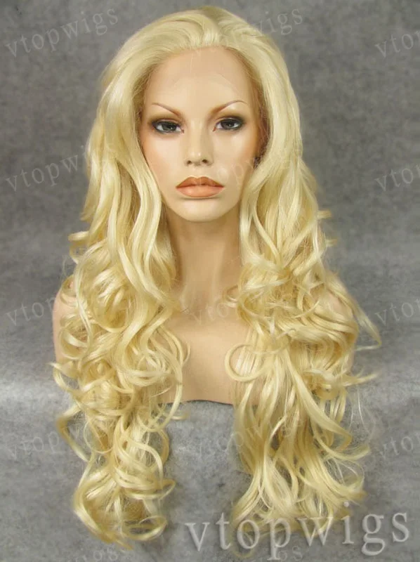 Hot! Long Wigs Bleach Blonde Color Wavy No Bang 24 Inch Celebrity