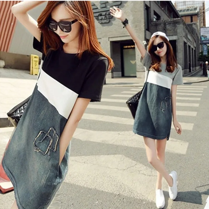 

Maternity Clothes Summer Casual Style Soild Denim Pregnant Dresses Short Sleeve Casual Stripe Patchwork Nursing Dress