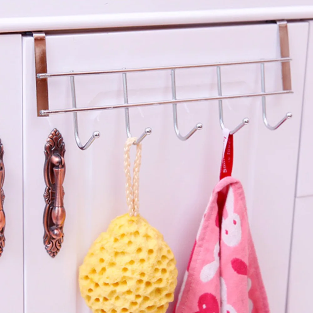 

Stainless Steel Hanger with 5 Hooks Door Bathroom Kitchen Cabinet Draw Bedroom Towel Clothing Hanger Hanging Loop Organizer