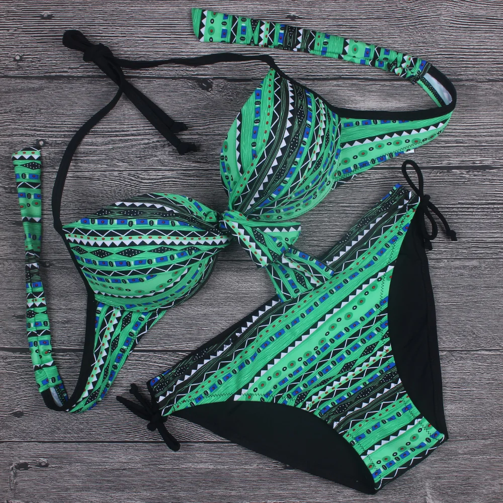 

2019 Hot Sale Bandeau Bikini Womens Vintage Push Up Geometric Wave Bathing Suit Bikini Halter Tribal Swimwear Bikini