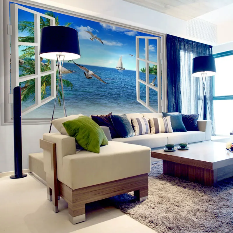 Mediterranean seascape window seabirds papel de parede 3d photo wallpaper mural wallpaper for living room wall papers home decor