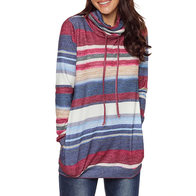 Для женщин Sweatershirt Happymulti Повседневное полосатый водолазка свободные плюс Размеры 2018 осень-зима Модные женские пуловеры