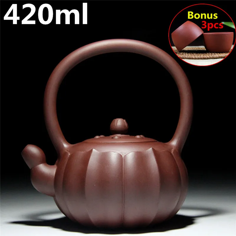 

Chinese Tea Pot 420ml Large Capacity Kung Fu Zisha Pots Creative Handle Purple Clay Teapot Kettle Handmade Tea Set Bonus 3 Cups