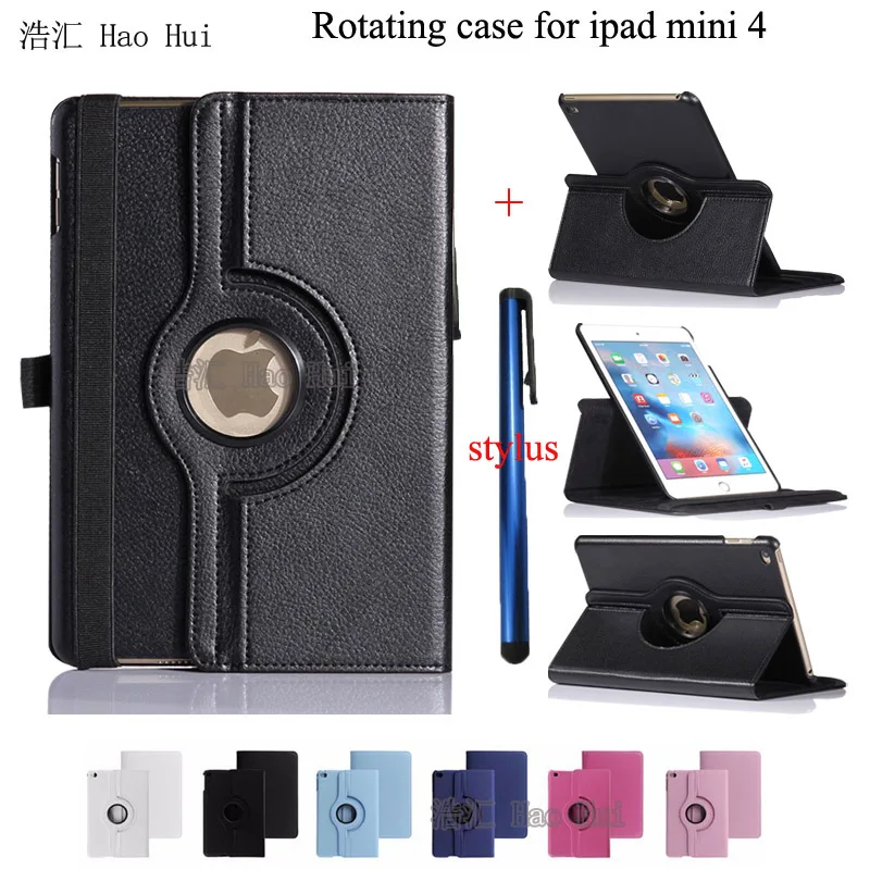 

For iPad mini 4 Smart Tablet Cover Case Ultra thin Flip Pu Leather 360 Degree Rotating Cases For iPad mini4 + Free Stylus