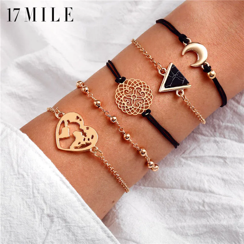 

17MILE Vintage Charm Bracelets Set For Women Bohemian Moon Triangle Stone Beads Heart Bracelet & Bangle Jewelry Drop Shipping