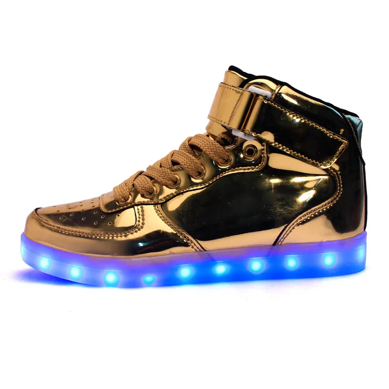 Г. Серебристые модные осенне-зимние кроссовки с зеркальным напылением для мальчиков и девочек Chaussure Enfant со светодиодным USB - Цвет: Золотой