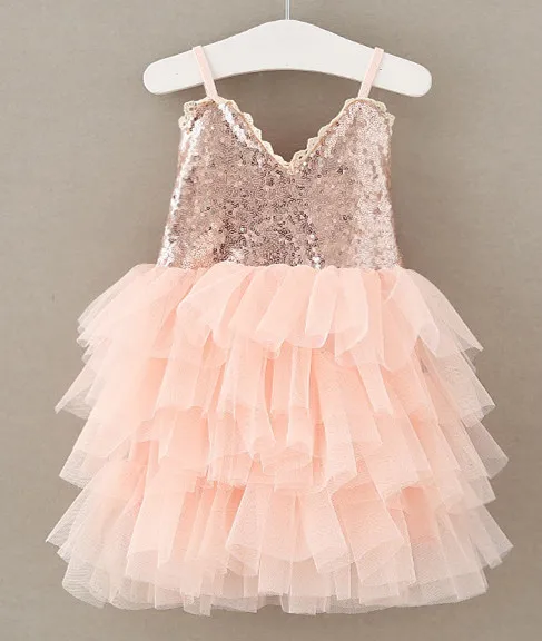 Платье принцессы с блестками для маленьких девочек Лето г. детские кружевные вечерние Многослойные многослойные платья-пачки с цветочным узором для маленьких девочек - Цвет: Розовый