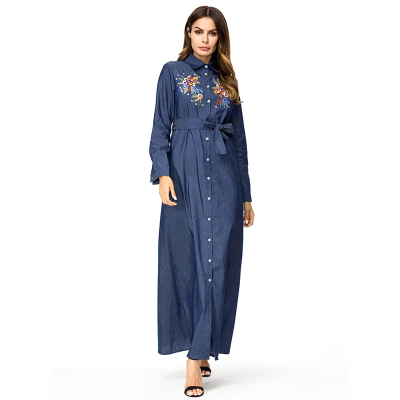 ShejoinSheenjoy Embroidery Denim Women Long Dress Turn-down Collar Long Sleeve Autumn Winter Dress Party Casual Ladies Dresses (4)