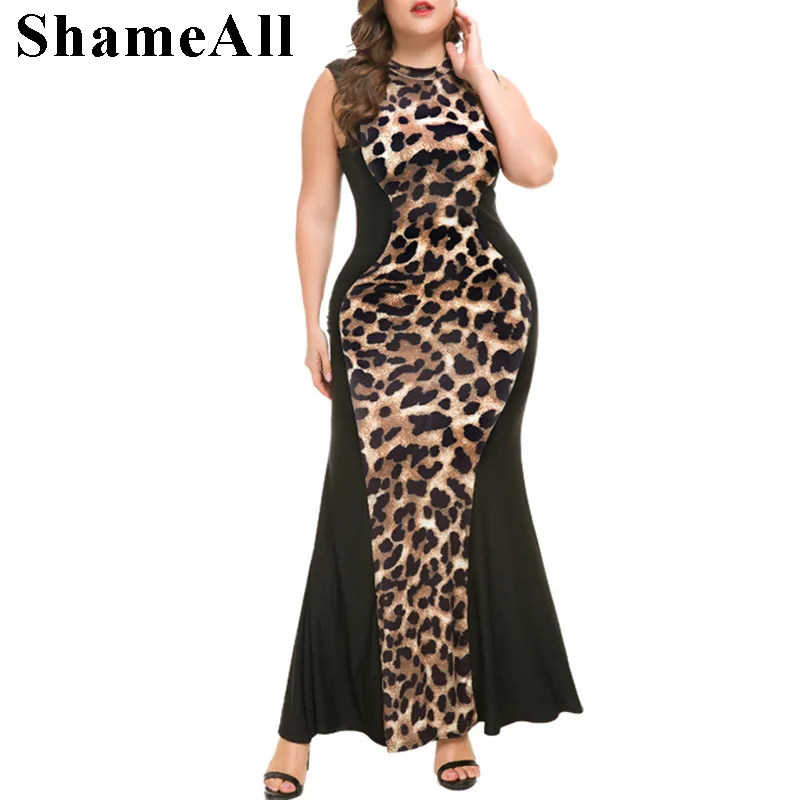 

Plus Size Leopard Print Block Contrast Long Bodycon Party Dress 4Xl 5Xl Summer Sexy Mermaid Trumpet Dresses Female Vestidos