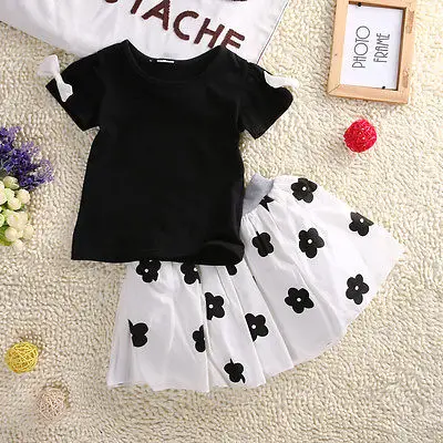 Комплект одежды для девочек летний костюм футболка с короткими рукавами и бантиками+ юбка с цветочным принтом детская одежда детский костюм