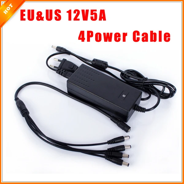 

EU & US Cord 12V 5A Surveillance Camera 1 Split 4 Power Cable Adapter for Security System CCTV Power Supply