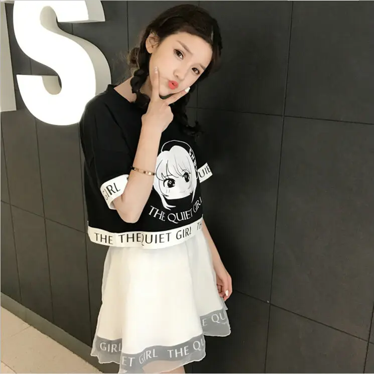 Japanese Soft Sister BF Style Summer Cartoon Naughty Two Piece Suit Black Short Sleeve Print Tops And High Waist Of  Mini Skirt 2