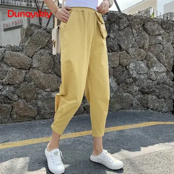 

Elastic High Waisted Bud Casual Pants Womens Pockets Trousers Yellow Army Green 2020 Cotton Cargo Pants Women Streetwear Loose