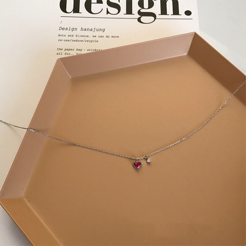 Clavicle Chain Short Girl Heart Retro Red Gift 925 Sterling Silver Temperament Personality Fashion Female Necklace SNE071 - Image 4
