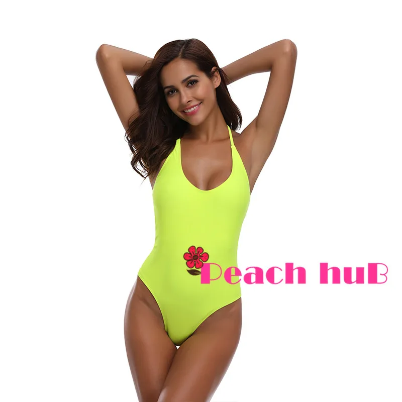 Women Swimsuit One Piece Sport Swimsuit Monokini Solid Bodysuits Swimwears Women Backless Beachwear Fluorescent Yellow  (1)