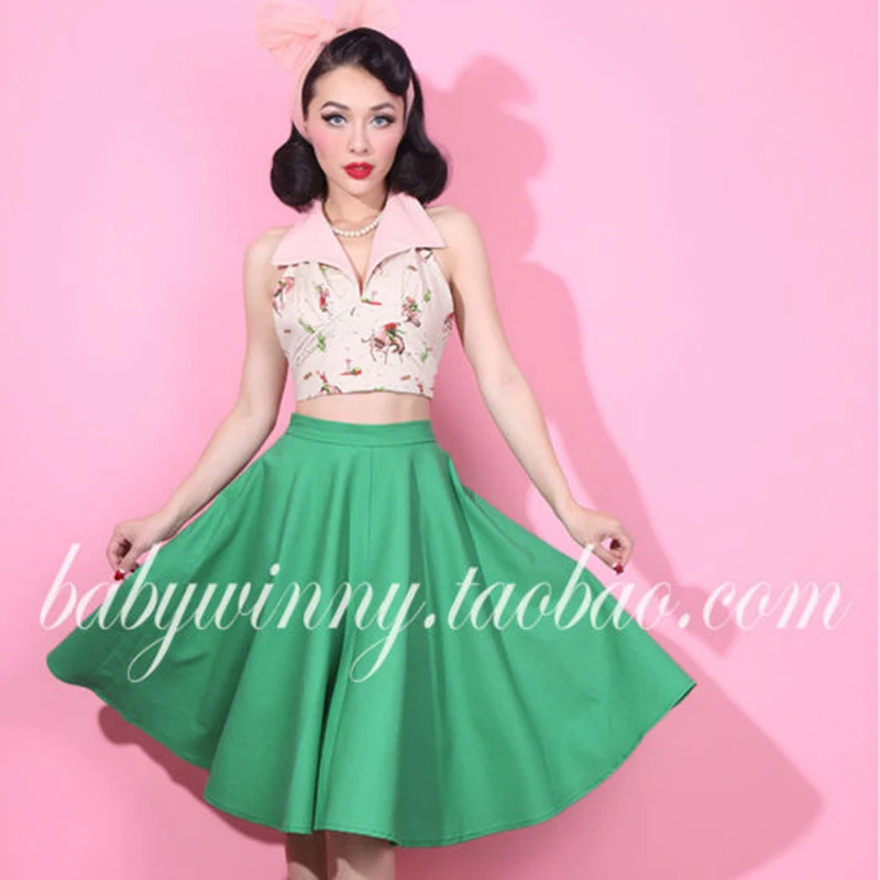 

FREE SHIPPING The special value all-match emerald blue ginger waisted retro swing half skirt