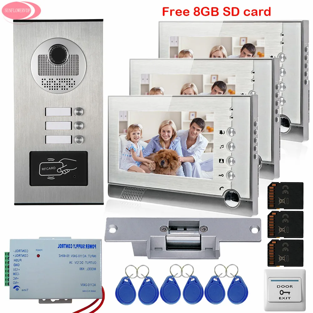 Apartment 7'' Video Intercom With Recording Free 8GB SD Card 3 Monitors RFID Access Door Camera For 3 House+Electric Strike Lock Apartment 7'' Video Intercom With Recording Free 8GB SD Card 3 Monitors RFID Access Door Camera For 3 House+Electric Strike Lock